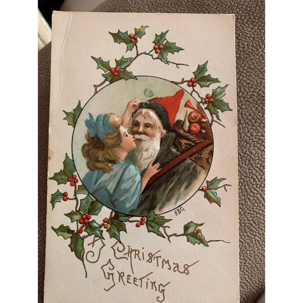 VTG‎ Old World Germany Christmas Postcard Santa Claus Holly KBG Signed Embossed